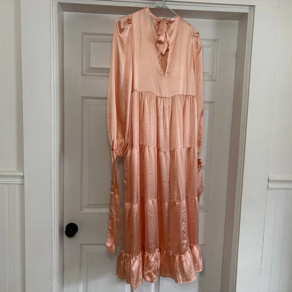 asos Satin Tiered Maxi Dress Sz 2 Coral Pink Salmon Flowy Oversized Silky Pastel - Picture 5 of 14